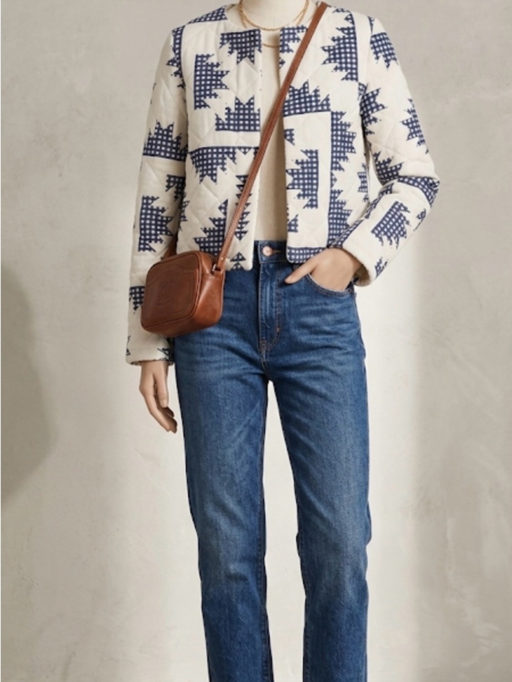 House of Harlow 1960 Quilted Bomber Jacket in Cream and Navy Geometric